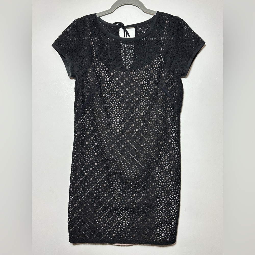 Ann Taylor Loft Black Eyelet Lace Overlay Dress Size 4 Fairy Boho Office